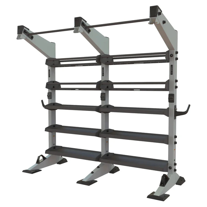 Torque X-CREATE 2-module storage wall in Platinum with ball storage, accessory trays, and pull-up stations