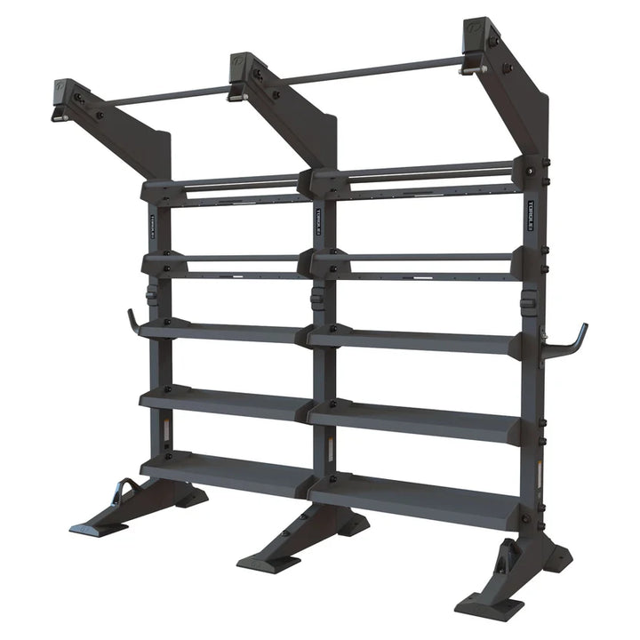 Torque X-CREATE 2-module storage wall in Satin Black with ball storage, accessory trays, and pull-up stations
