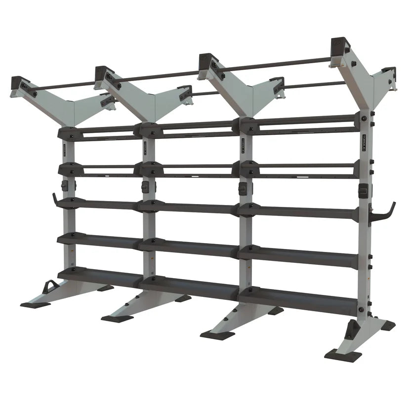 Torque X-CREATE 3-module 2-sided storage center in Platinum with pull-up stations, ball storage, and accessory trays