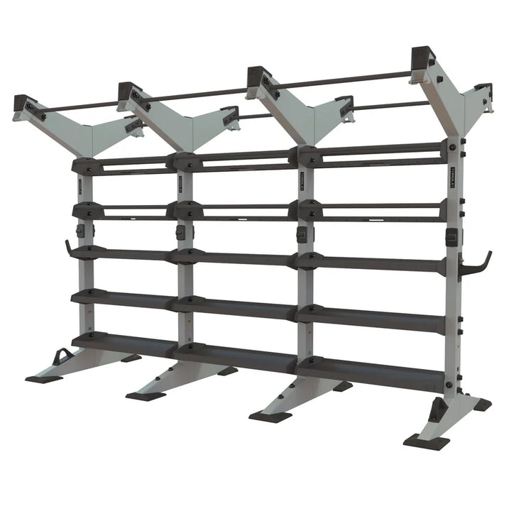 Torque X-CREATE 3-module 2-sided storage center in Platinum with pull-up stations, ball storage, and accessory trays