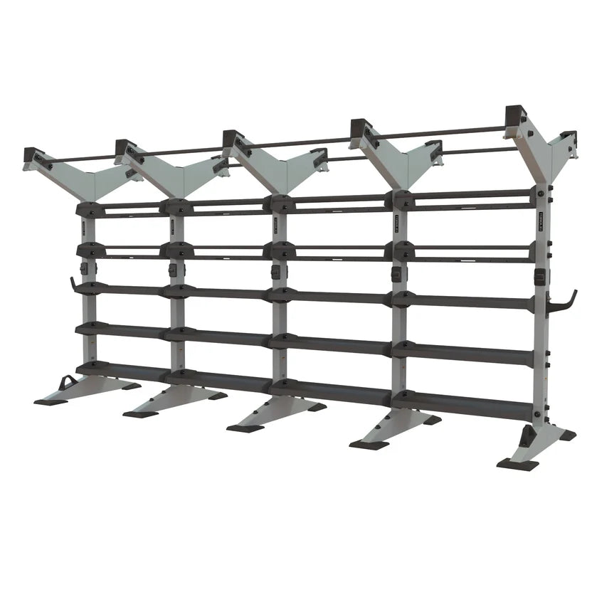 Torque X-CREATE 4-module 2-sided storage center in Platinum with pull-up stations, ball storage, and accessory trays