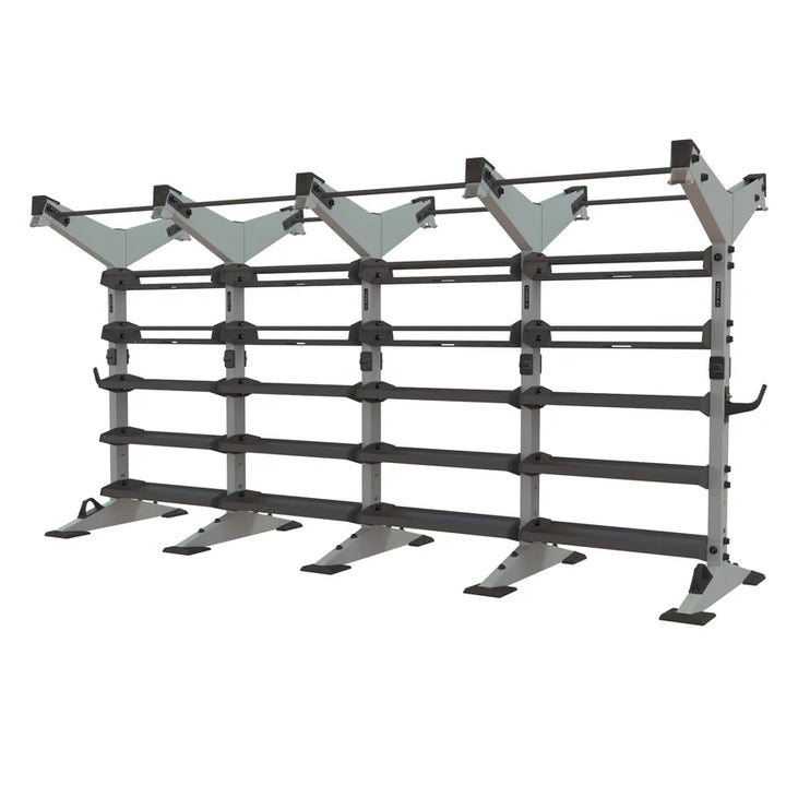 Torque X-CREATE 4-module 2-sided storage center in Platinum with pull-up stations, ball storage, and accessory trays