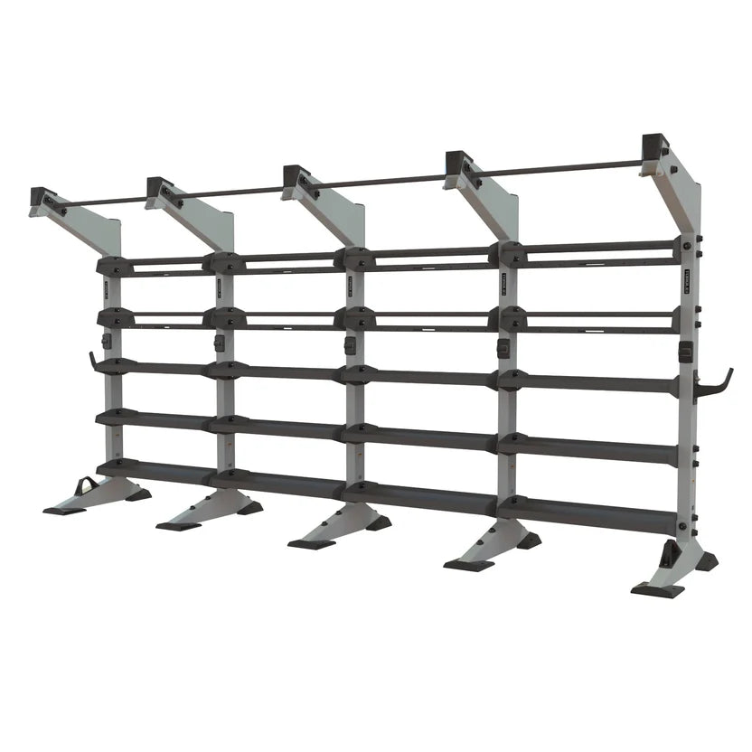 Torque X-CREATE 4-module storage wall in Platinum with ball storage, accessory trays, and 4 pull-up stations