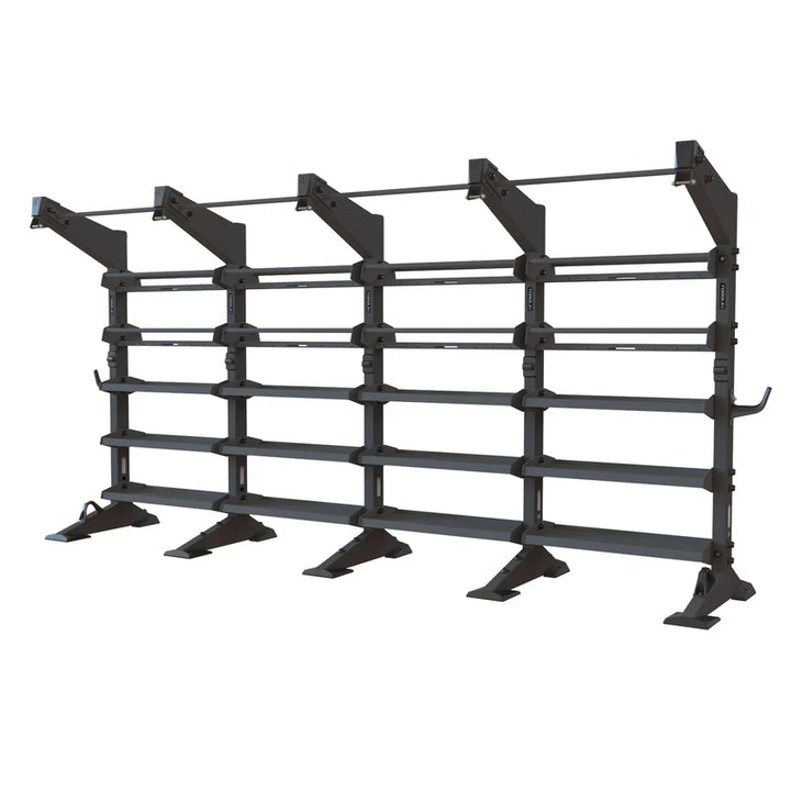 Torque X-CREATE 4-module storage wall in Satin Black with ball storage, accessory trays, and 4 pull-up stations