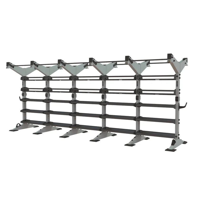 Torque X-CREATE 5-module 2-sided storage center in Platinum with pull-up stations, ball storage, and accessory trays