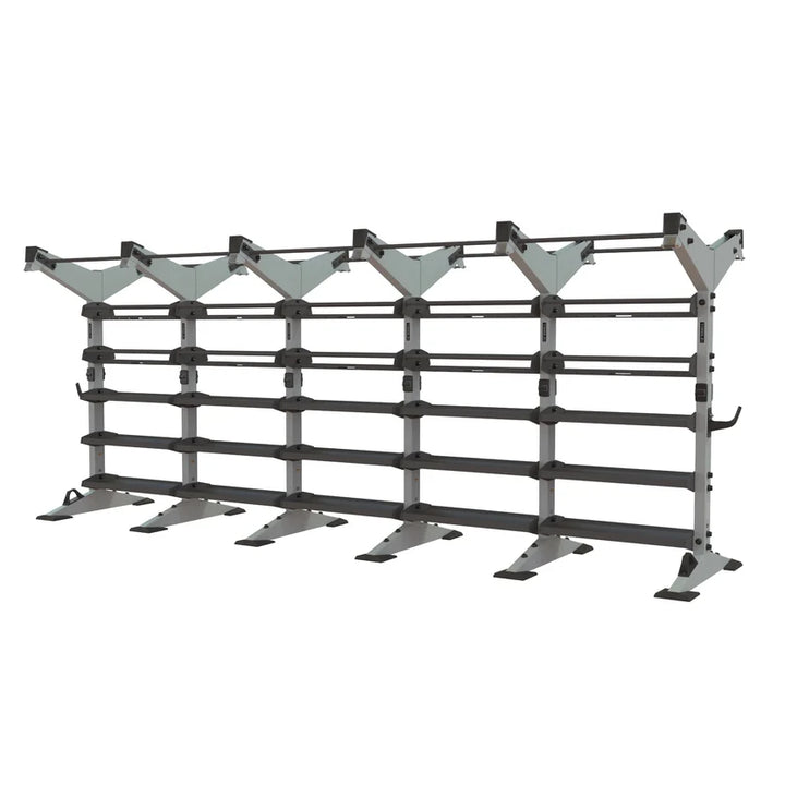 Torque X-CREATE 5-module 2-sided storage center in Platinum with pull-up stations, ball storage, and accessory trays