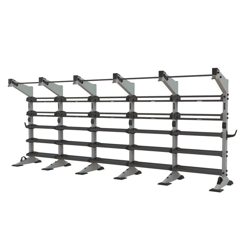 Torque X-CREATE 5-module storage wall in Platinum with ball storage, accessory trays, and 5 pull-up stations