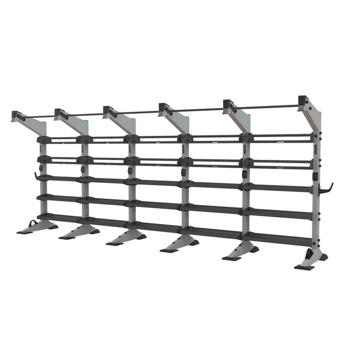 Torque X-CREATE 5-module storage wall in Platinum with ball storage, accessory trays, and 5 pull-up stations