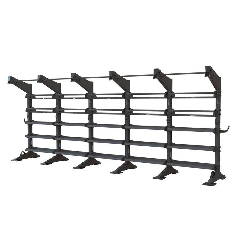 Torque X-CREATE 5-module storage wall in Satin Black with ball storage, accessory trays, and 5 pull-up stations