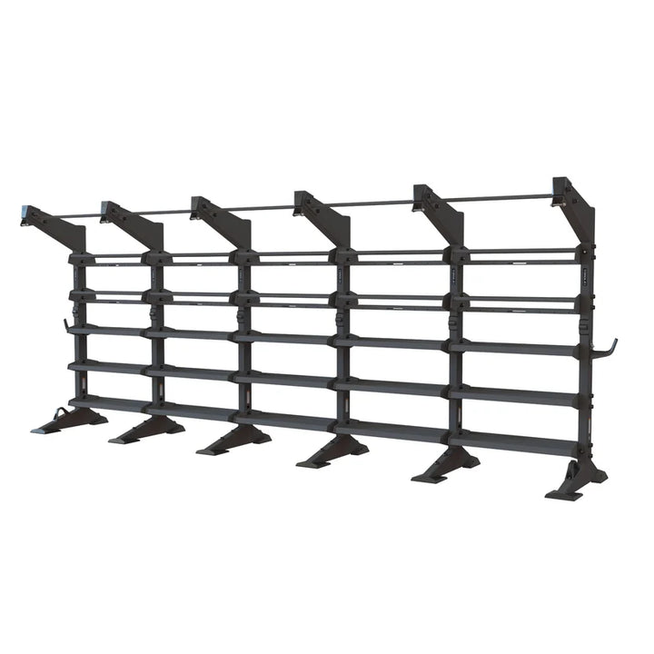 Torque X-CREATE 5-module storage wall in Satin Black with ball storage, accessory trays, and 5 pull-up stations