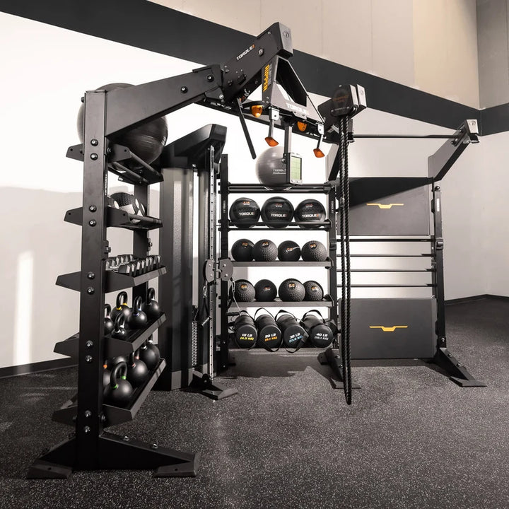 Torque X-CREATE corner storage cable component in Satin Black installed with integrated fitness equipment storage