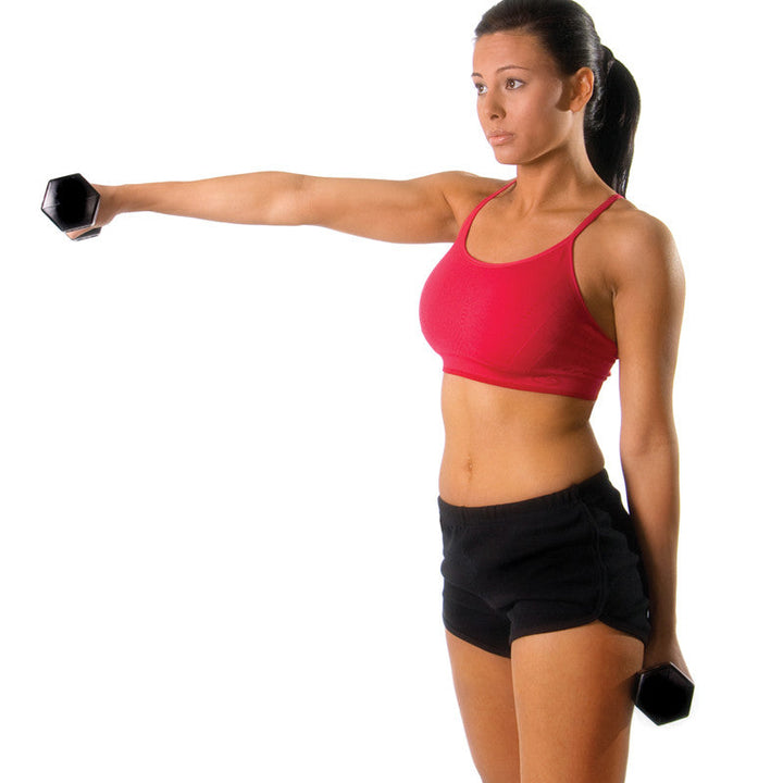 Person performing a lateral raise exercise using a TKO Tri Grip hex dumbbell