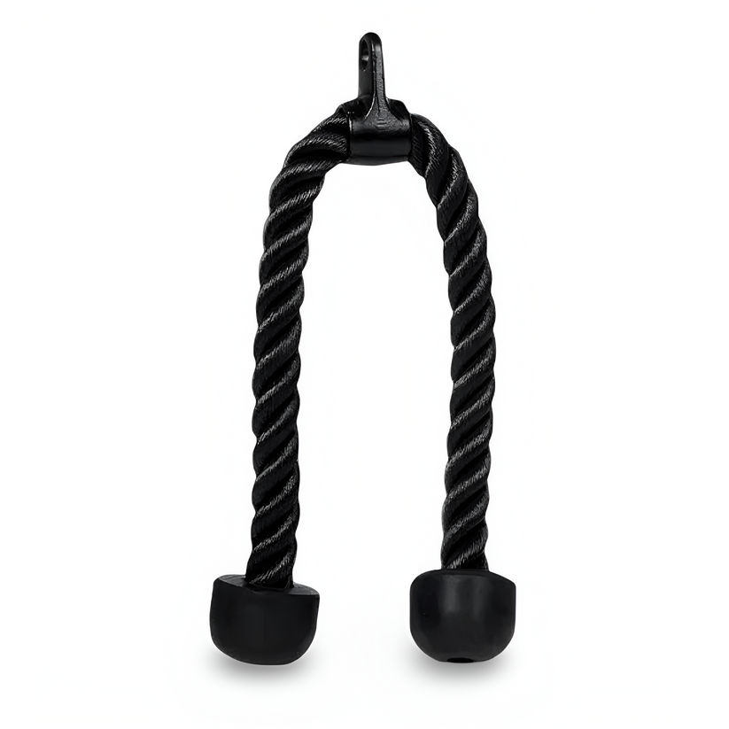 black tricep rope cable attachment with rubber end caps for triceps pushdowns and strength training