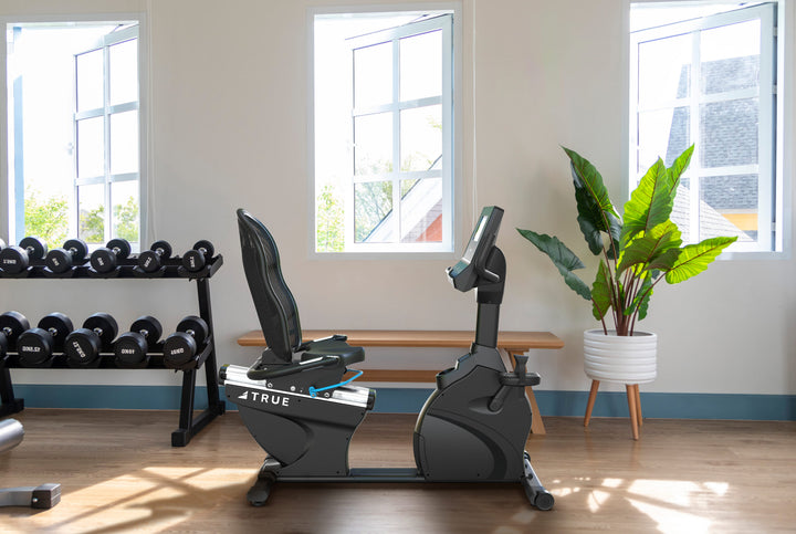 True Performance Series Recumbent Bike in a home gym with a dumbbell rack, wooden bench, and potted plant
