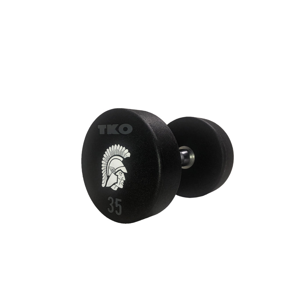 Gallery of custom urethane dumbbell branding and logo customization examples