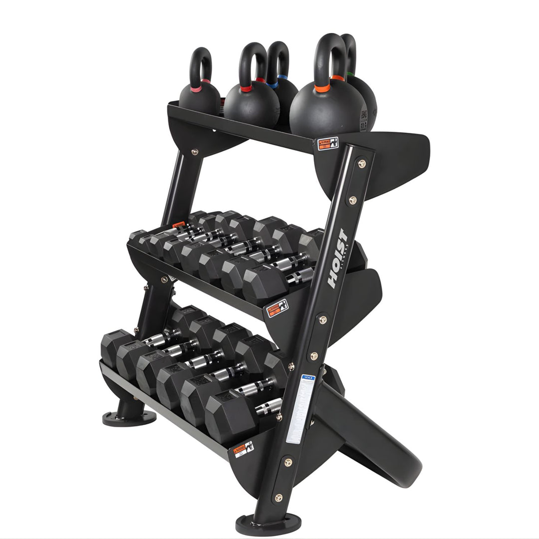 vertical dumbbell rack holding multiple pairs of weights in compact upright design