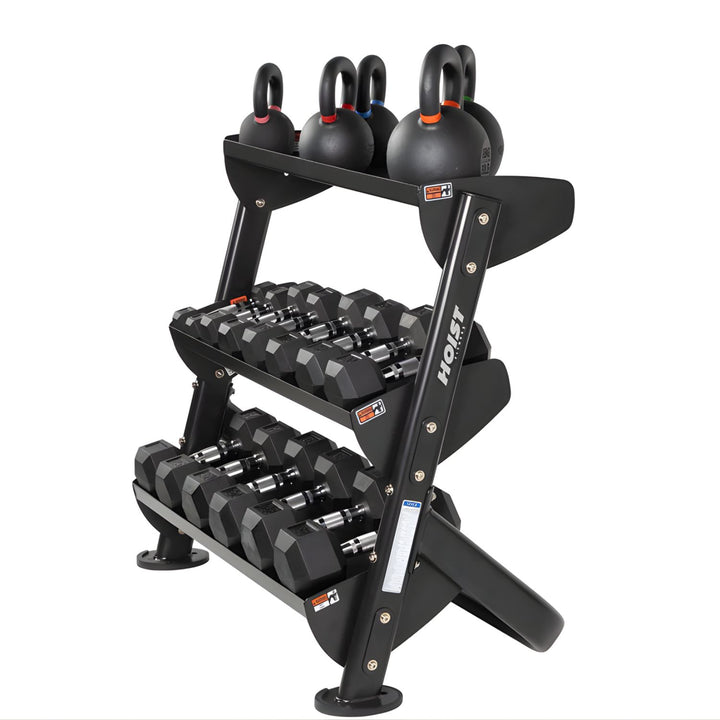 vertical dumbbell rack holding multiple pairs of weights in compact upright design