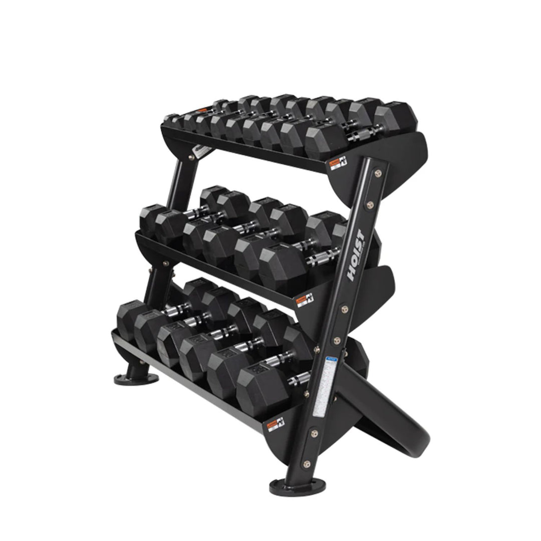 vertical dumbbell rack holding multiple pairs of weights in upright compact design