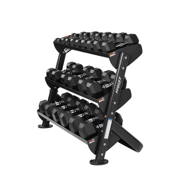 vertical dumbbell rack holding multiple pairs of weights in upright compact design