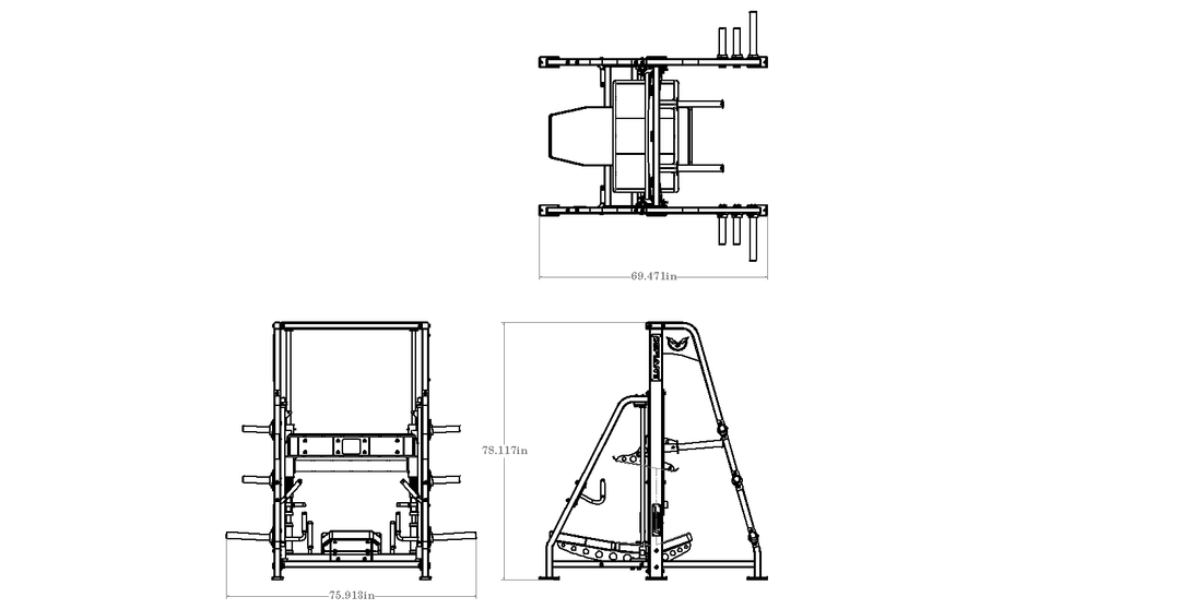 Dimension drawing of the Defiant Strength vertical leg press with overall measurements.