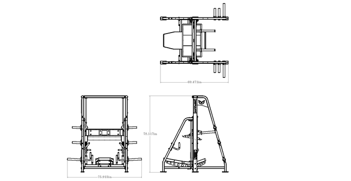 Dimension drawing of the Defiant Strength vertical leg press with overall measurements.