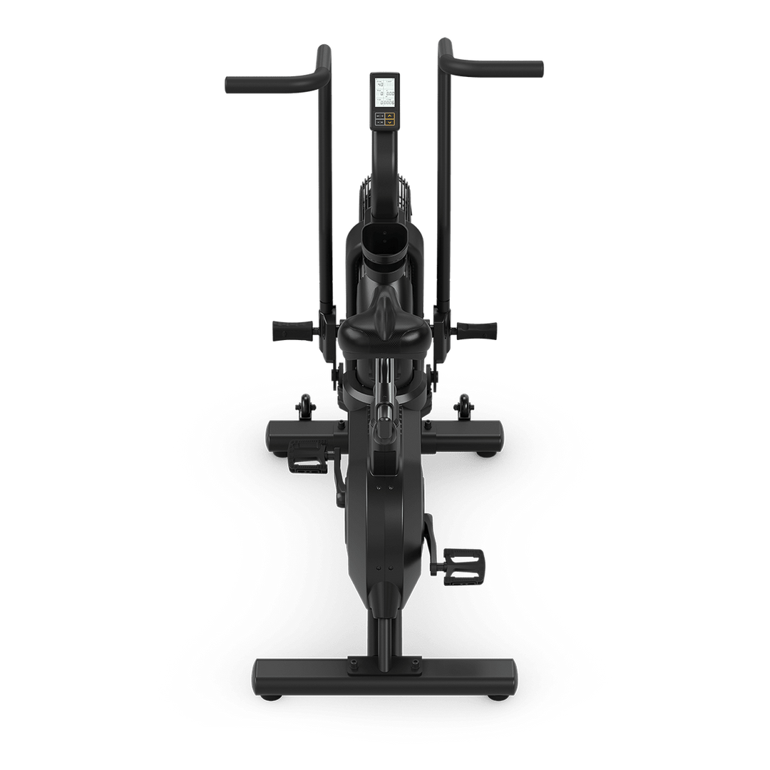 Angled view of Vision Fitness AB700 air bike with air resistance fan, adjustable saddle, and handlebars