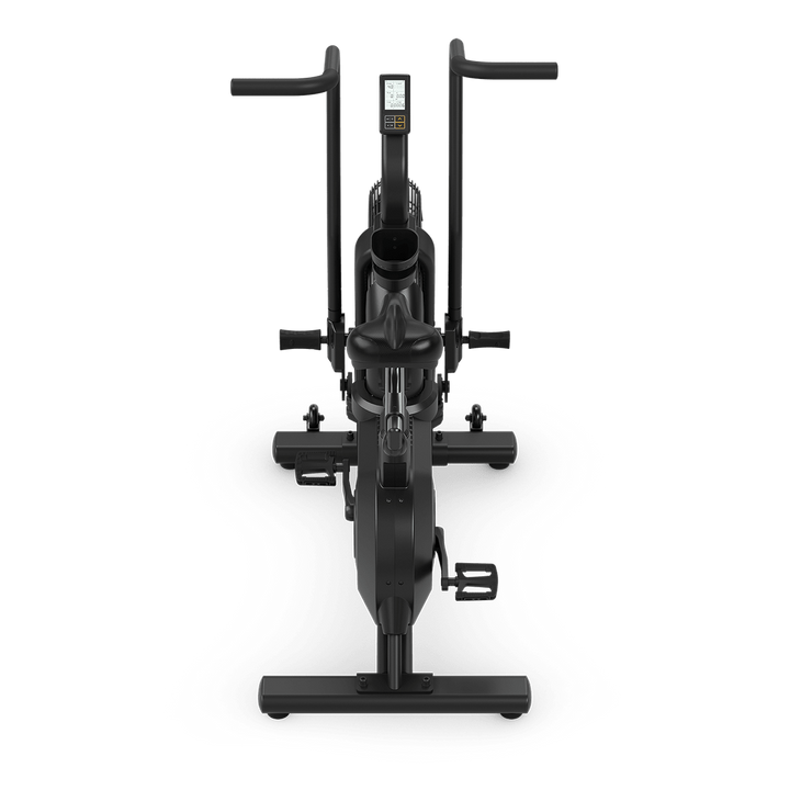 Angled view of Vision Fitness AB700 air bike with air resistance fan, adjustable saddle, and handlebars