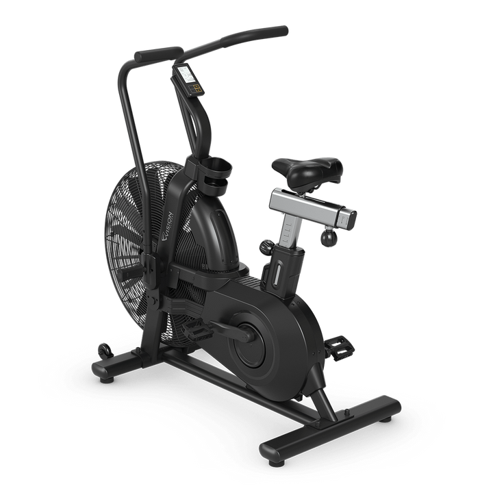 Rear view of Vision Fitness AB700 air bike showing frame, adjustable saddle, fan, and multi-position handlebars
