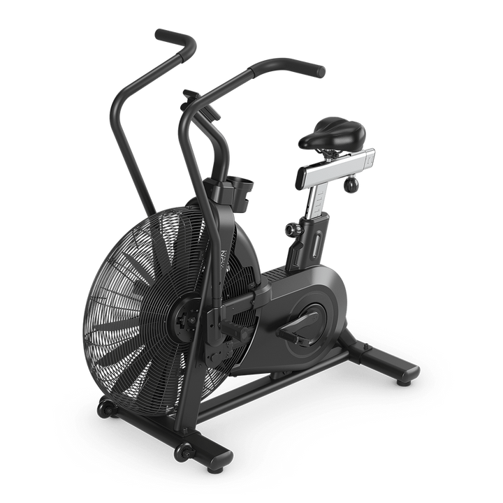 Three-quarter view of Vision Fitness AB700 air bike with fan resistance system, saddle, pedals, and handlebars