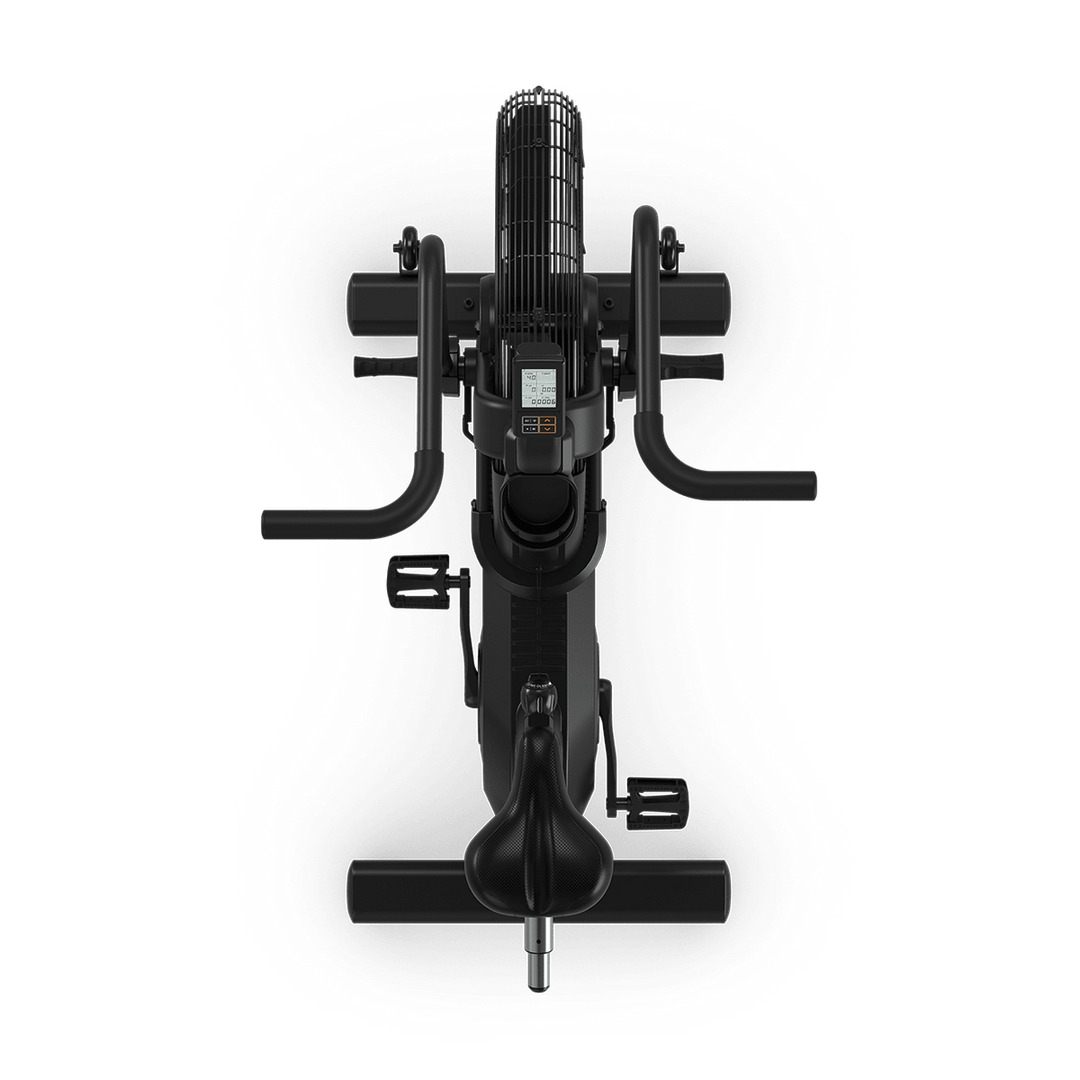 Top view of Vision Fitness AB700 air bike showing handlebars, saddle, frame, pedals, and air resistance fan