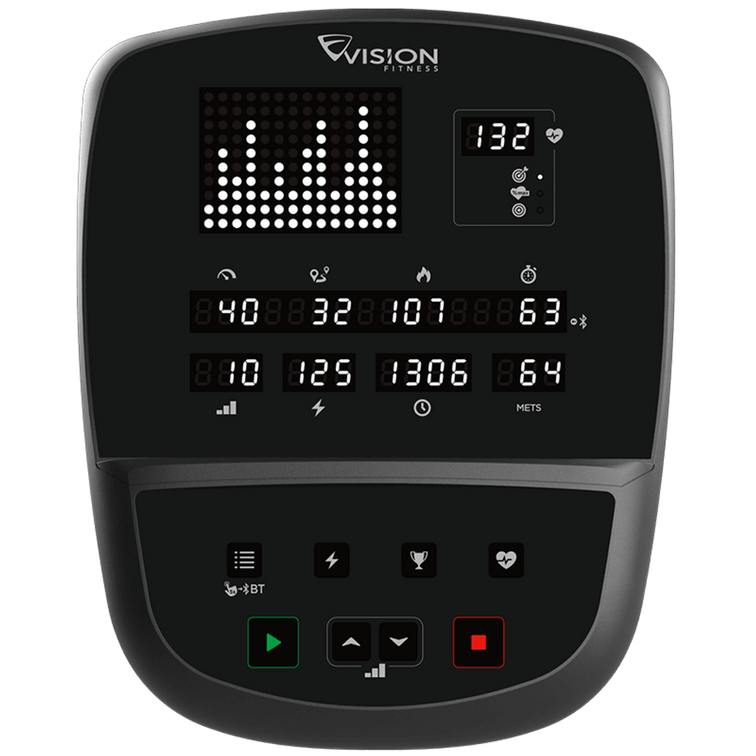 Close-up of Vision Fitness R60 recumbent bike LED Console with workout feedback display and controls