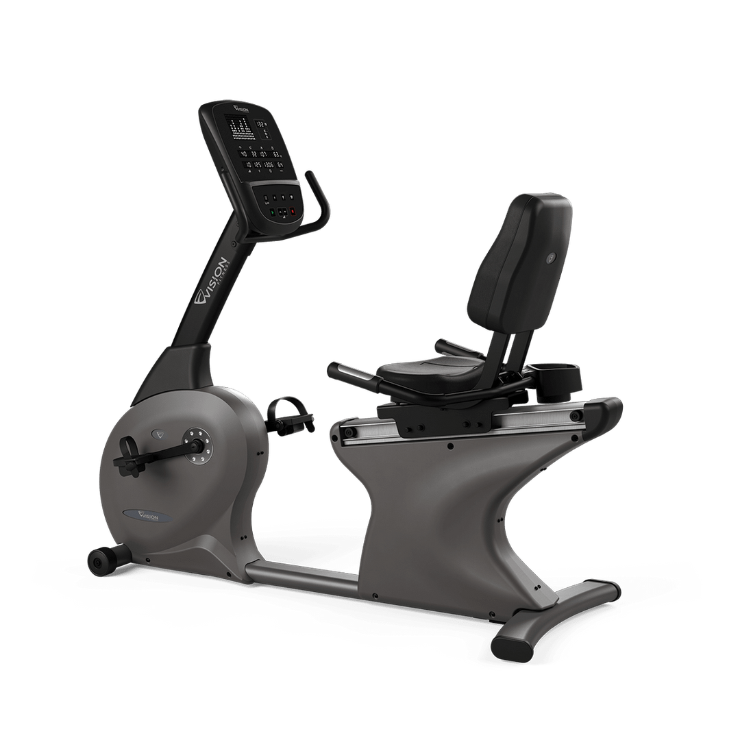 Angled view of Vision Fitness R60/R600E recumbent bike with adjustable seat and step-through frame