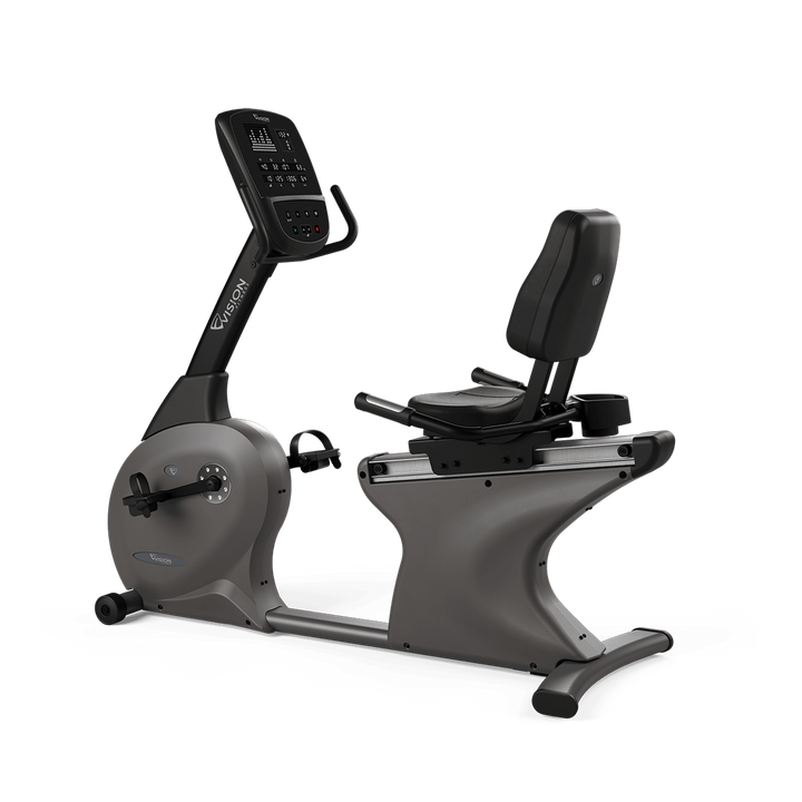 Angled view of Vision Fitness R60/R600E recumbent bike with adjustable seat and step-through frame
