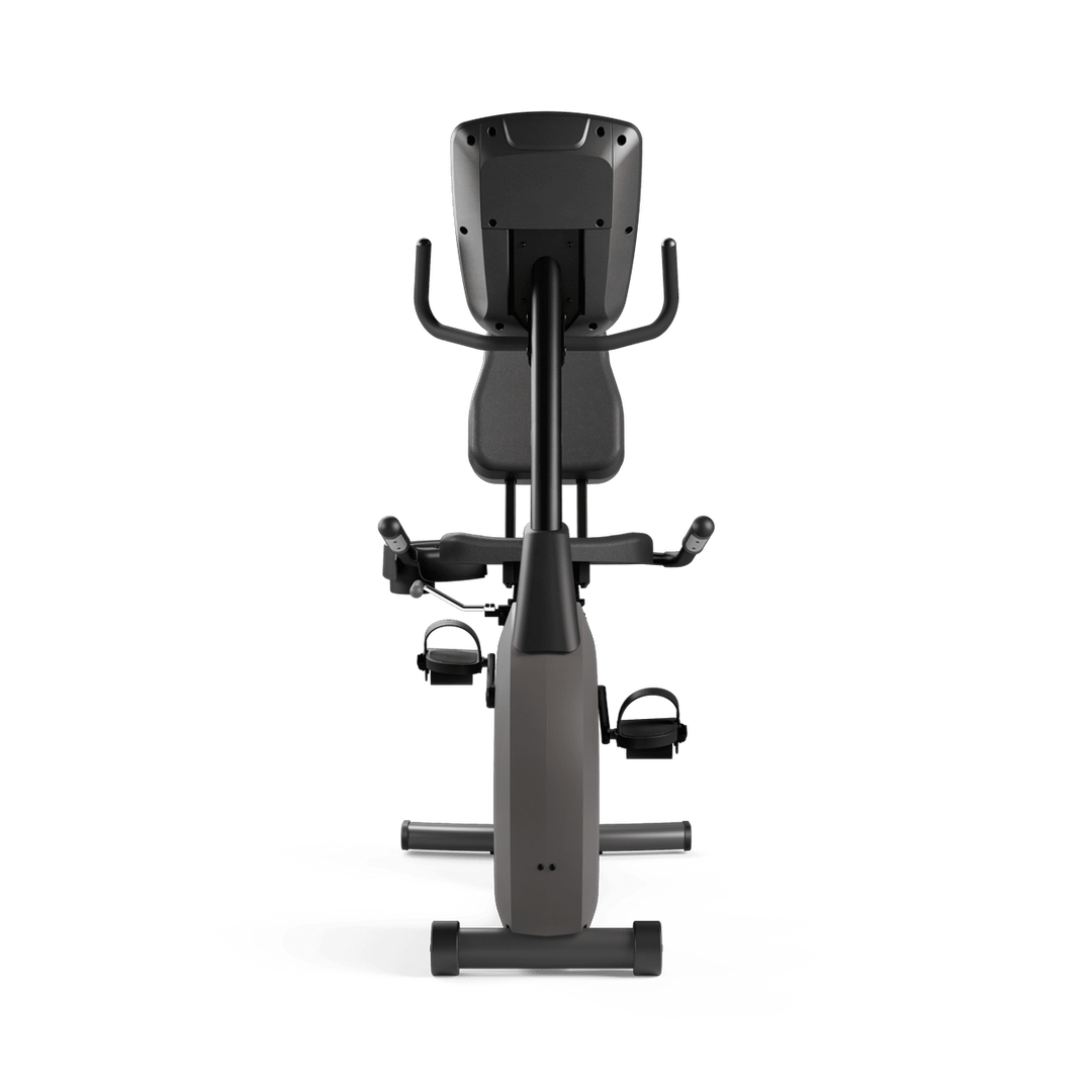 Front view of Vision Fitness R60/R600E recumbent bike showing console, pedals, seat, and frame