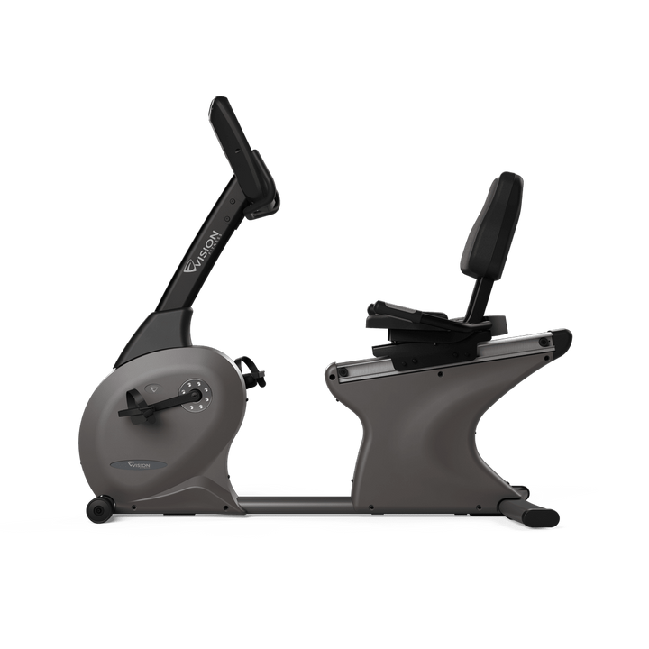 Side view of Vision Fitness R60/R600E recumbent bike showing step-through frame, seat, pedals, and console