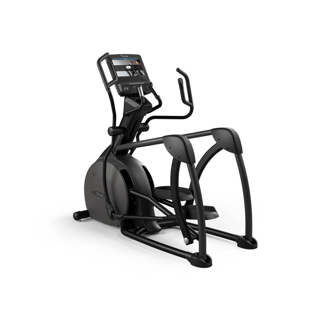 Angled view of Vision Fitness S70/S700E Ascent Trainer with dual-action handlebars and pedals