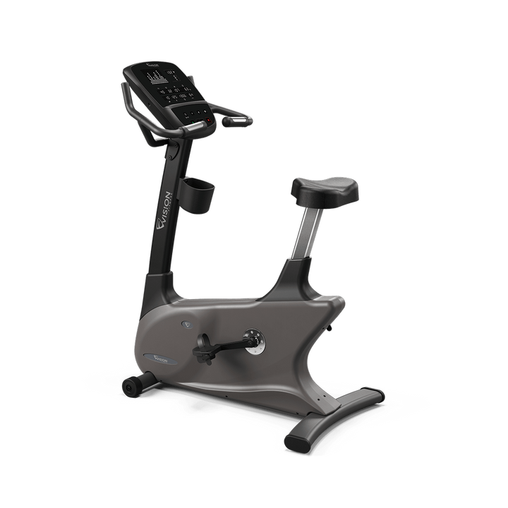 Angled view of Vision Fitness U60/U600E upright bike showing frame, adjustable seat, pedals, and console
