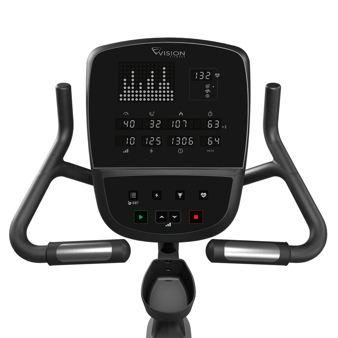 Vision Fitness U60 upright bike front detail with LED Console, multi-position handlebars, and armrests