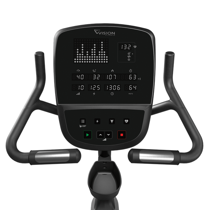 Vision Fitness U60 upright bike front detail with LED Console, multi-position handlebars, and armrests
