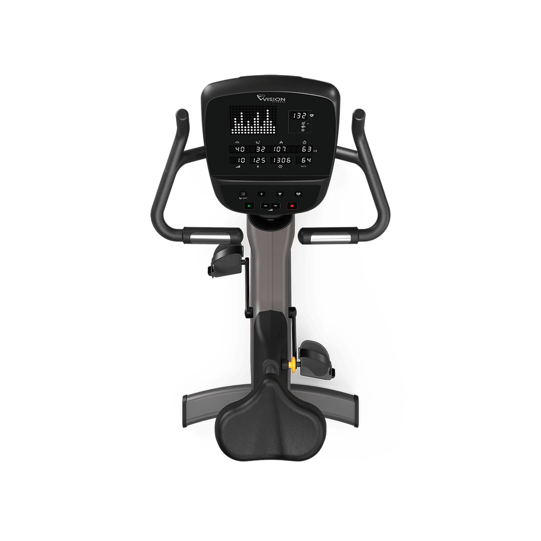 Top view of Vision Fitness U60 upright bike with LED Console, multi-position handlebars, seat, and pedals