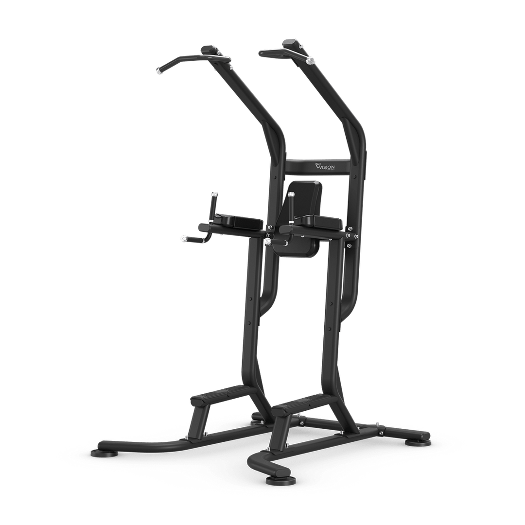 Vision Fitness VKR Vertical Knee Raise Station with angled back support, elbow pads, handles, and steel frame