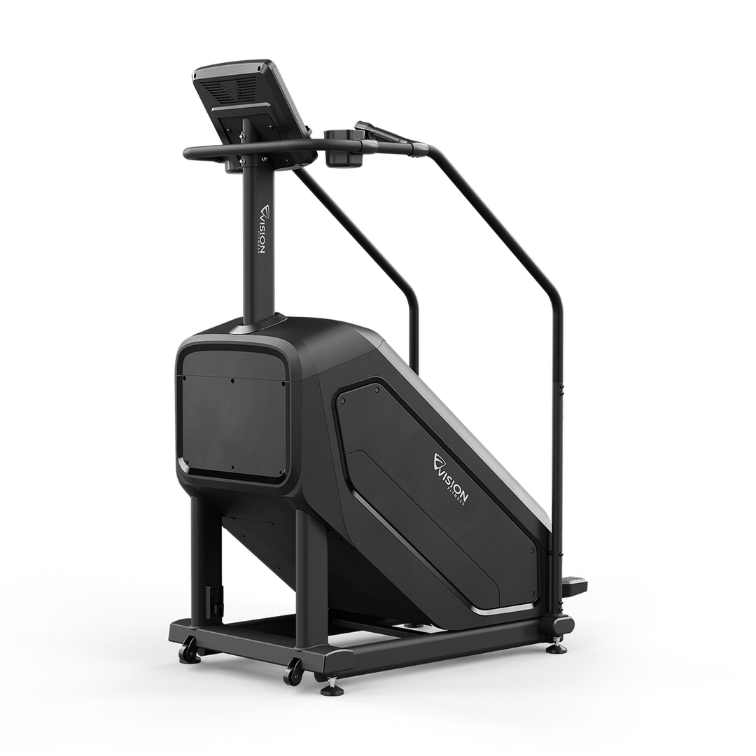 Vision Fitness Summit Stairclimber front angled view showing steps, full-length handlebars, frame, and DLED console