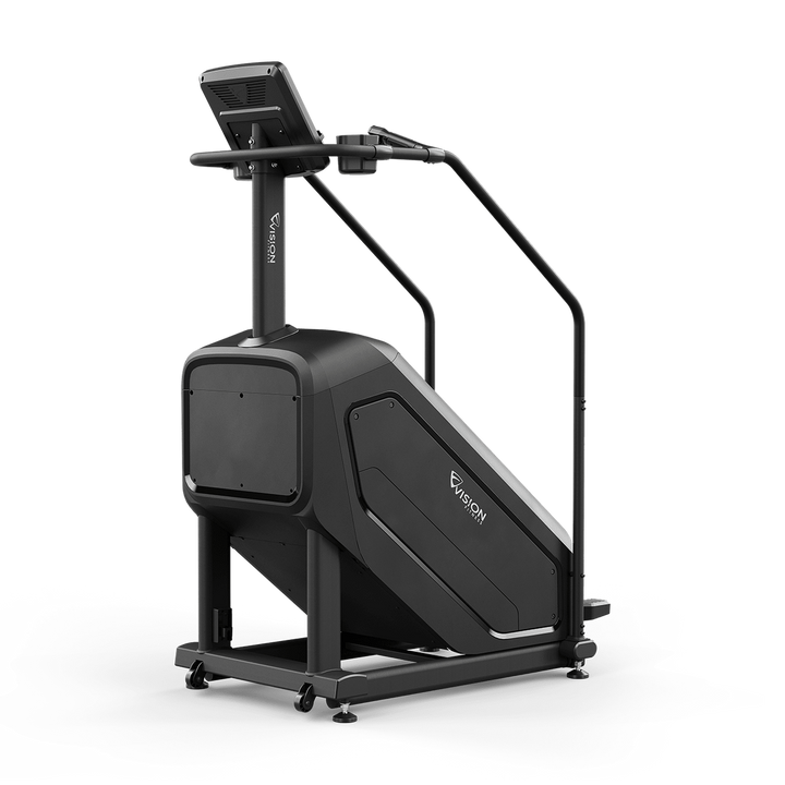 Vision Fitness Summit Stairclimber front angled view showing steps, full-length handlebars, frame, and DLED console