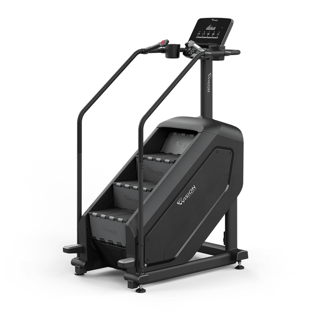Rear angled view of the Vision Fitness Summit Stairclimber showing the frame, steps, handlebars, and console