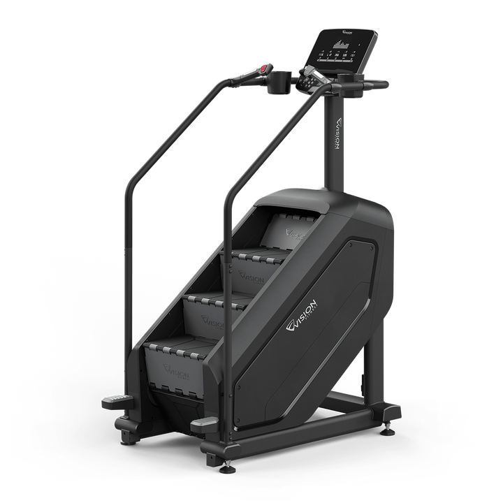 Rear angled view of the Vision Fitness Summit Stairclimber showing the frame, steps, handlebars, and console