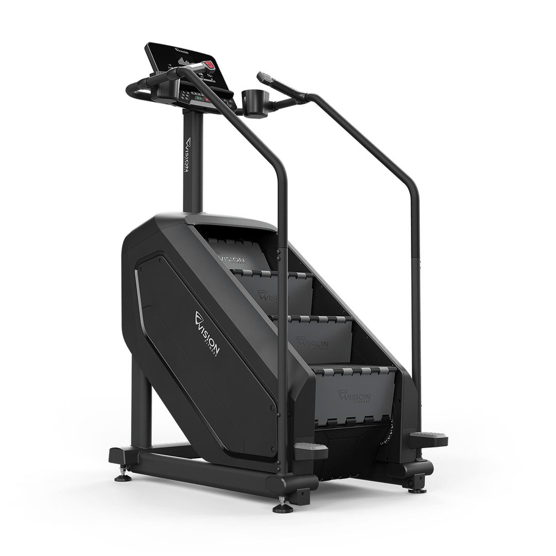Rear side view of the Vision Fitness Summit Stairclimber with steps, full-length handlebars, frame, and DLED console