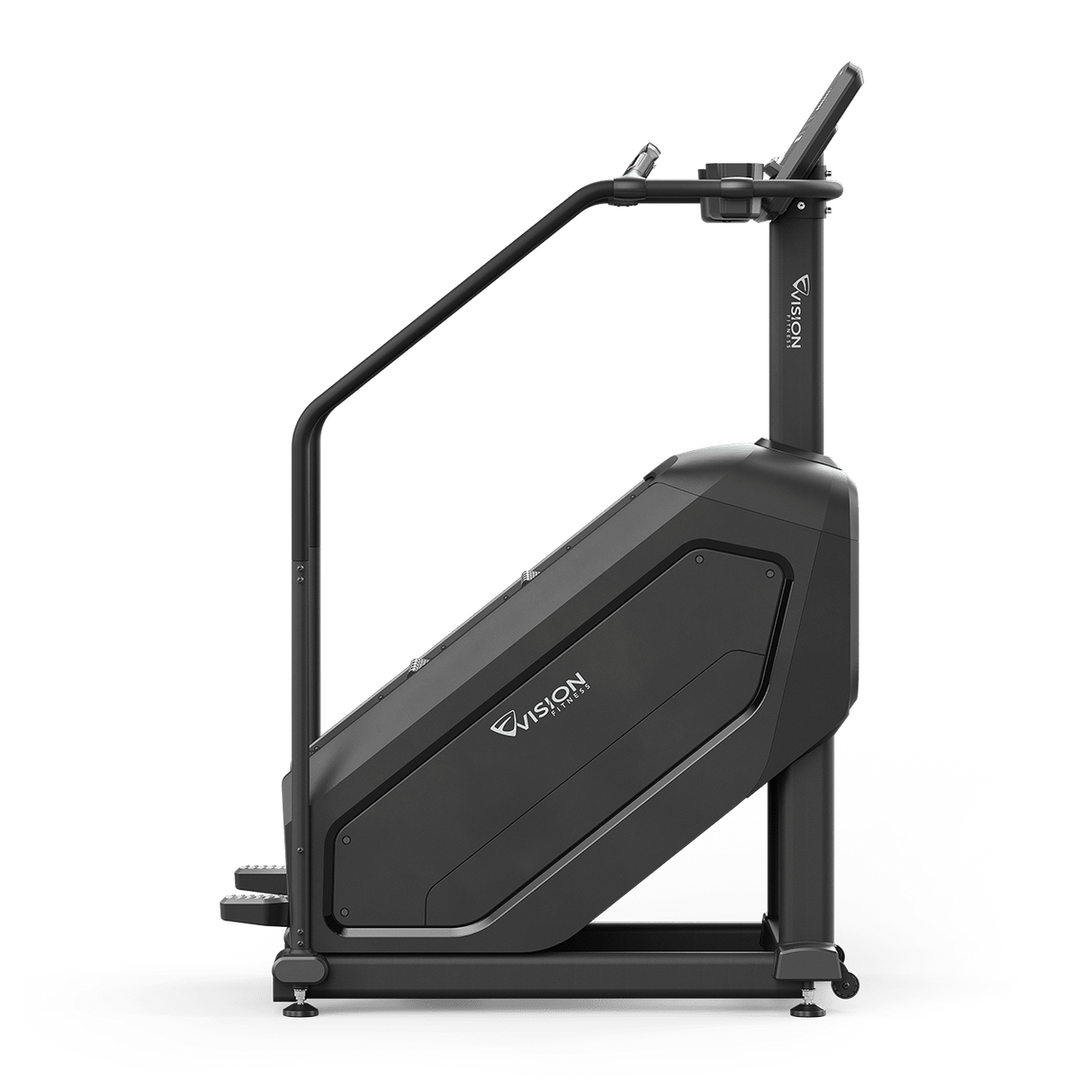Side view of the Vision Fitness Summit Stairclimber showing its step area, enclosed frame, handlebars, and console