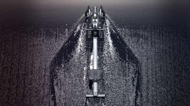 Close-up graphic highlighting the sleek design of the Matrix rowing machine.
