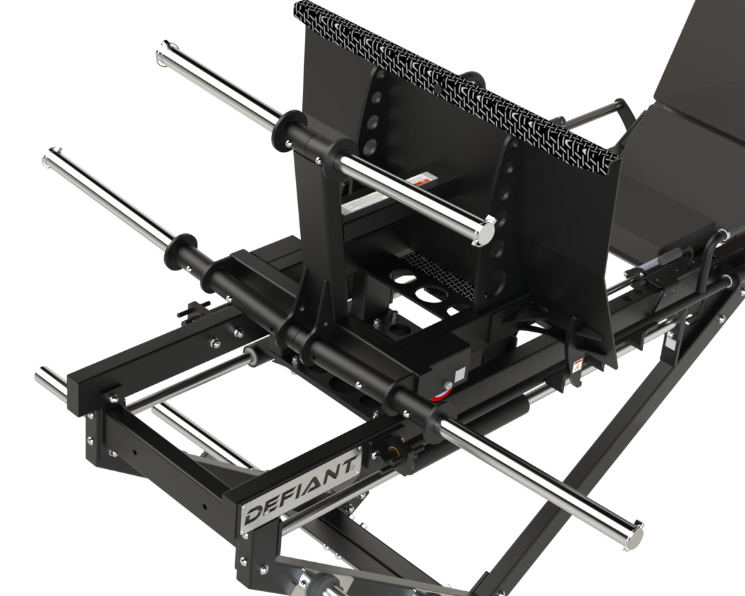 Plate loading horns and sled assembly on the Defiant Strength leg press.