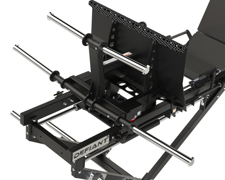 Plate loading horns and sled assembly on the Defiant Strength leg press.